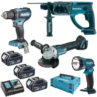 MAKITA 18V 4-dílný set DLX334CBT - DDF485 + DGA504 + DHR202 + DML185 + 3x aku