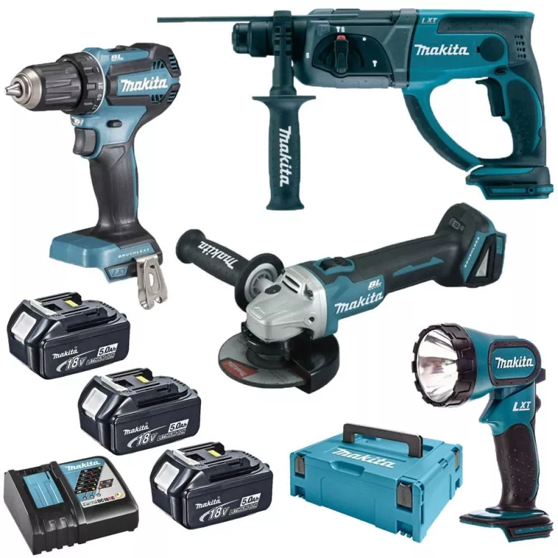 MAKITA 18V 4-dílný set DLX334CBT - DDF485 + DGA504 + DHR202 + DML185 + 3x aku