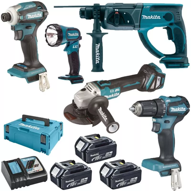 MAKITA 18V 5-dílný set DLX335CBT - DGA513 + DHR202 + DTD172 + DDF483 + DML185 + 3x aku